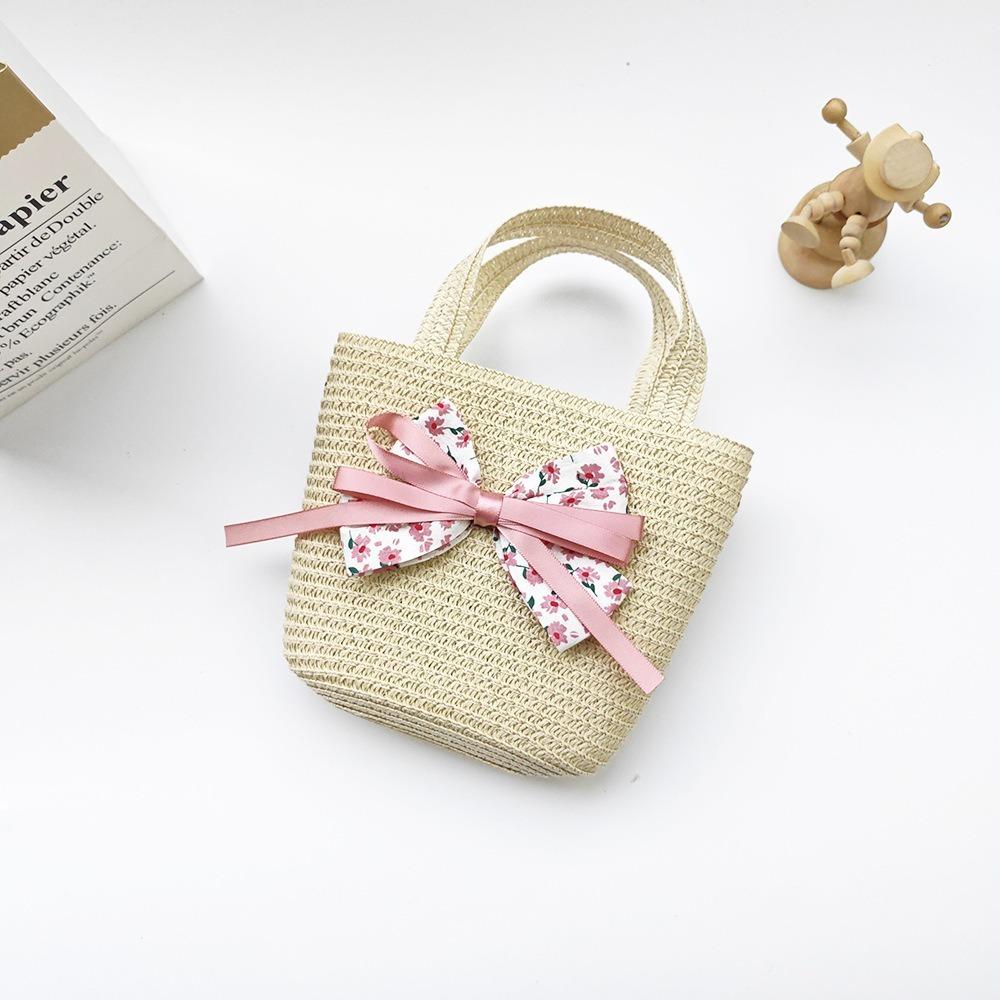 Cute Handmade Woven Straw Bag Bowknot Breathable Storage Basket Flower Coin Purse Kids Girls