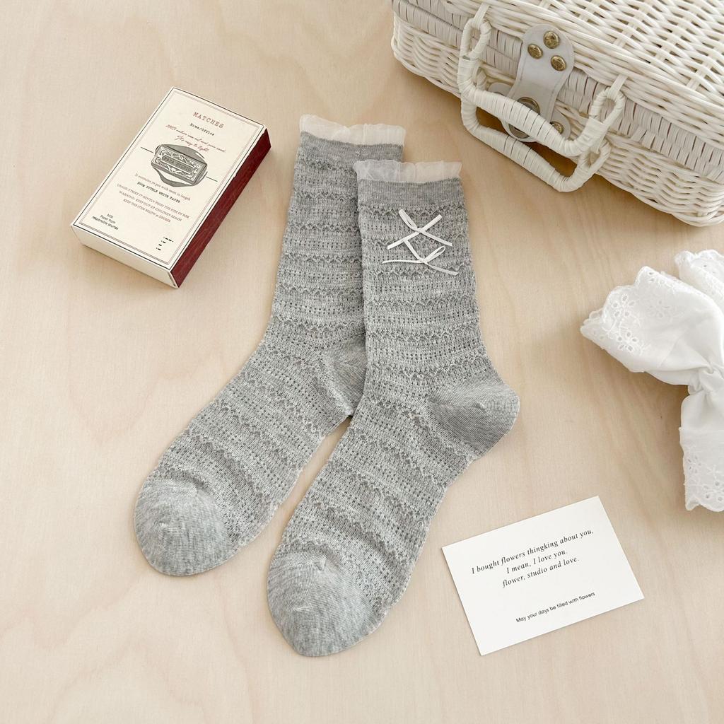White Bow-knit Socks - Mid-calf Length Socks, Summer and Spring Lightweight Breathable Ballet-style Pure Cotton Layered Socks