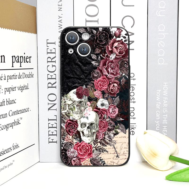 Retro Gothic Night Flower Skull Head Printed Phone Case for iPhone 17 16 12 11 14 Plus 13 14 15 Pro Max Mini X Floral Soft Cover