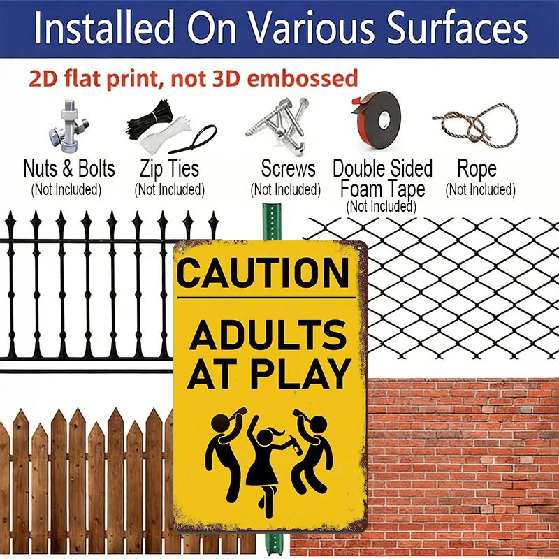 2D Flat 1pc Vintage Retro Warning Metal Sign - "CAUTION ADULTS AT PLAY" Humorous Wall Art, 8x12 Inch Rustic Aluminum Sign for Home Bar Garage Cafe