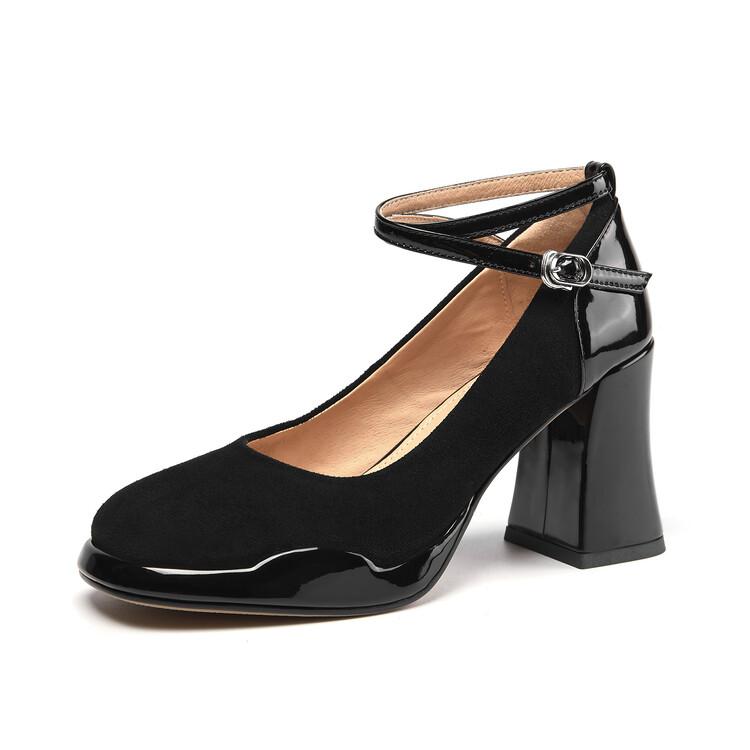 

Fashion Spring Women s Pumps Sheep Suede Leather Shoes for Women Round Toe Chunky Heel Shoes Super High Heel Mary Janes Platform Shoes 40 чёрный