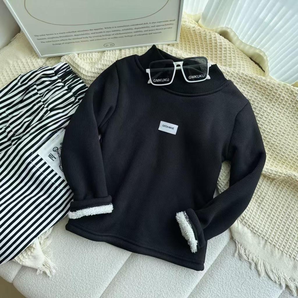 2024 Kids' Winter Thick Half-High Neck Velvet Base Layer T-Shirt - Korean Style