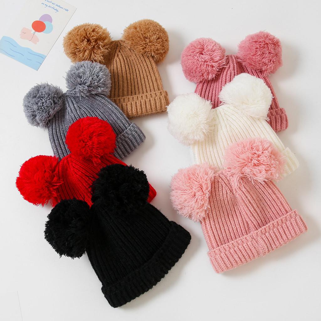 0-1 Years Old Baby Hat Autumn Winter Cute Warm Knitted Hats Solid Colour Casual Large Fur Ball Design Newborn Boys Girls Caps