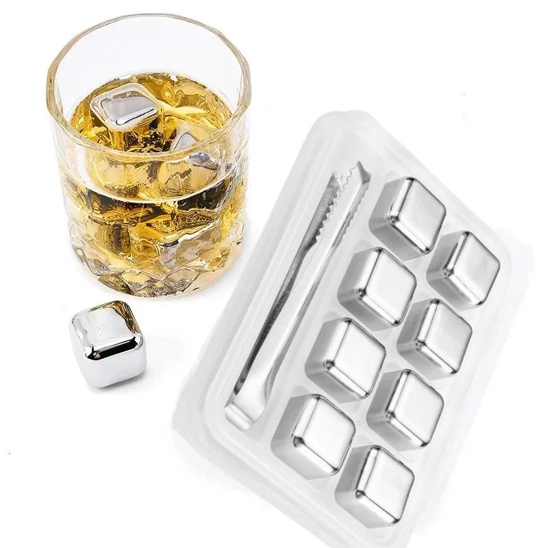 4/6/8pcs Stainless Steel Ice Cubes Set Juice Beer Wine Whisky Cooler Rocks Food Grade Reusable Cooling Cube Home Party Bar Tools