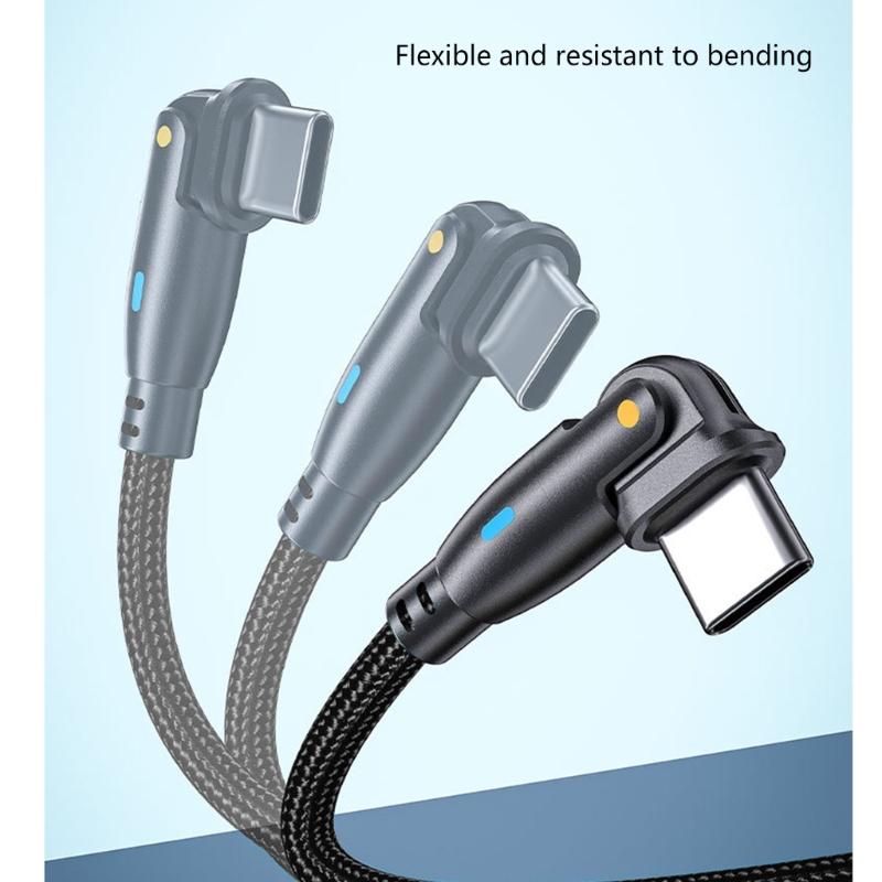 60W Power Type C Cable with Led Lighting Nylon Wrapped USB C Fast Charge Cord 180 Degree Adjustable Heads For Convenient