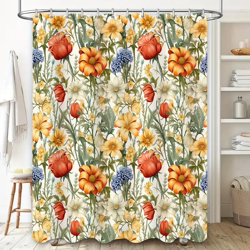 Floral Print Shower Curtain Waterproof Bathroom Decor Orange Blossom White Daisy Watercolor Flower Pattern Bath Linen Decoration