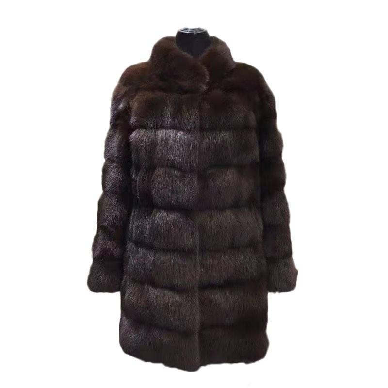 Womens Faux Mink Coat With Stand Collar Thick Winter Warm Mid-Length Artificial Fur Jacket Office Elegant Style