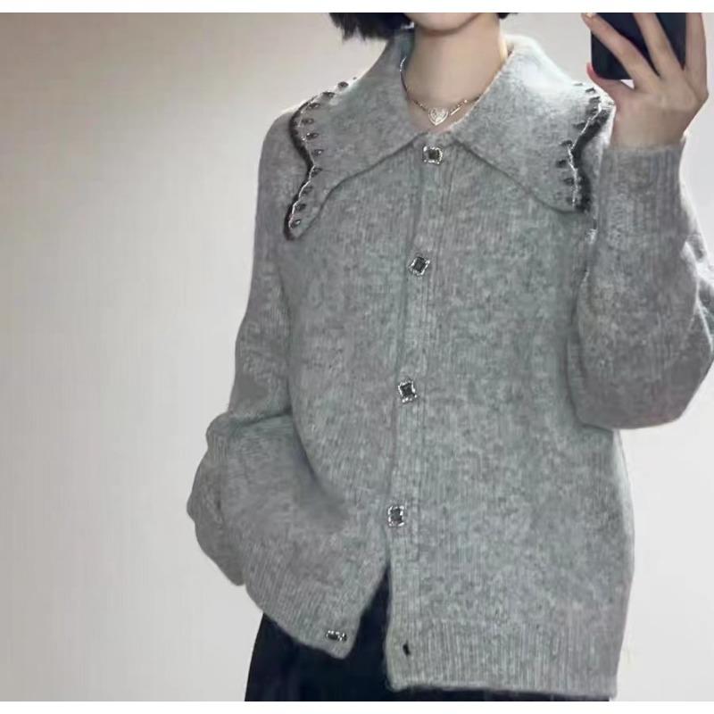 Gentle wind large lapel sweater jacket women's autumn and winter new design sense loose and thin knitted cardigan top