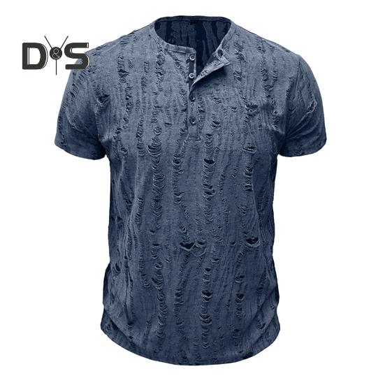 

Летний мужской топ с короткими рукавами, круглым вырезом, рваными отверстиями и пуговицами, однотонная рубашка в американском стиле для повседневной носки и путешествий M