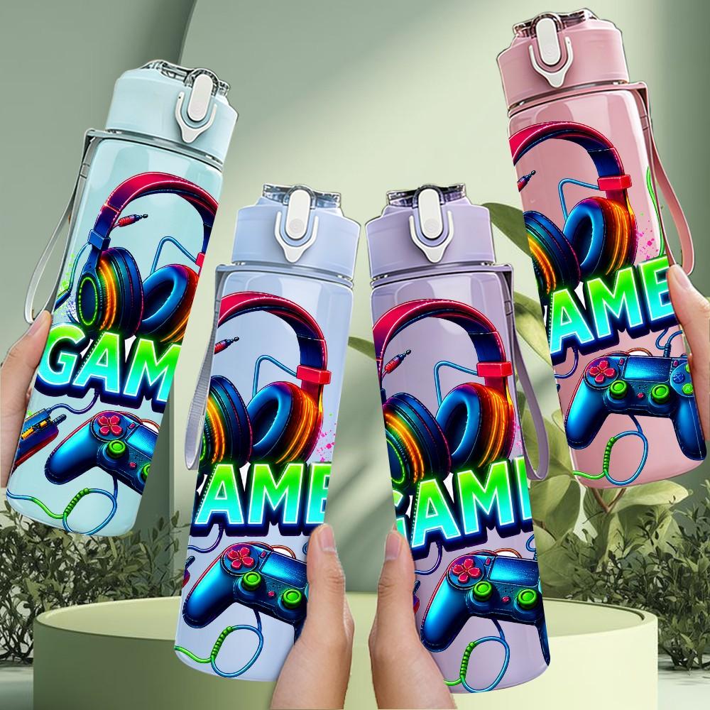 1PC Gamer Headphone Graphic 750ml Color Plastic Sports Water Bottle Leakproof Flip Straw Lid Suitable for Sports Office Home Use