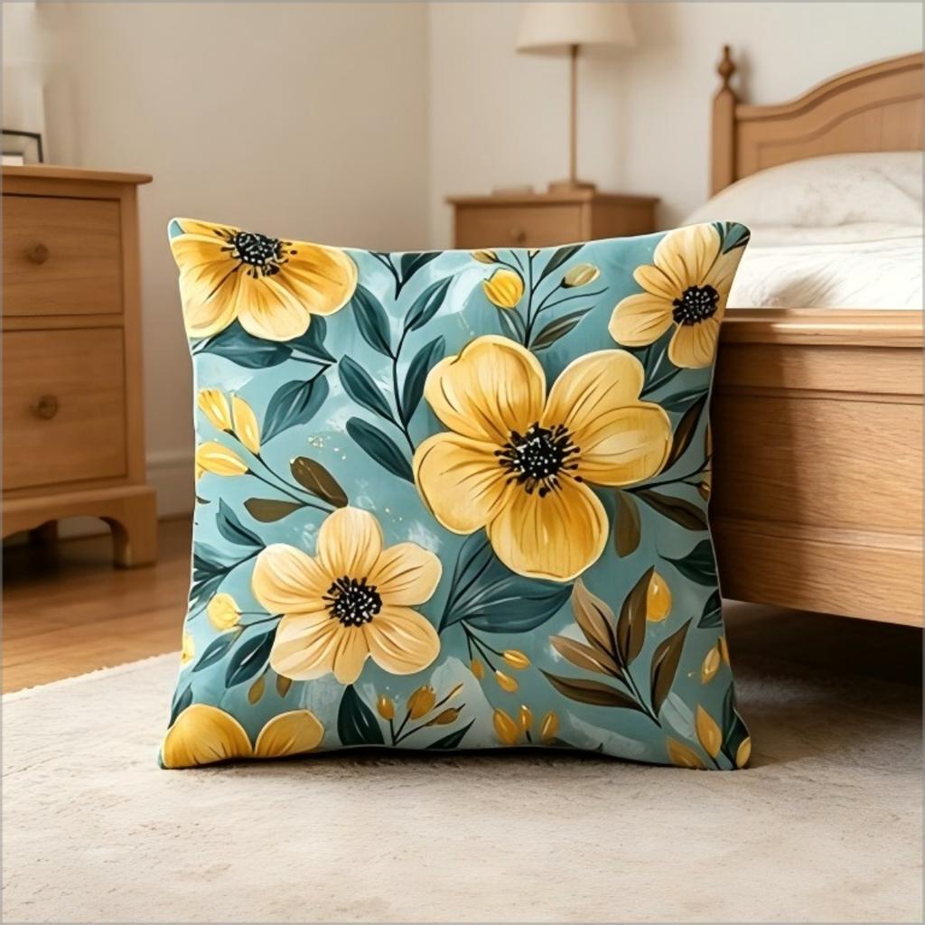 Boho Yellow Floral Print Throw Pillow Cover, Teal Watercolor Botanical Decorative Cushion