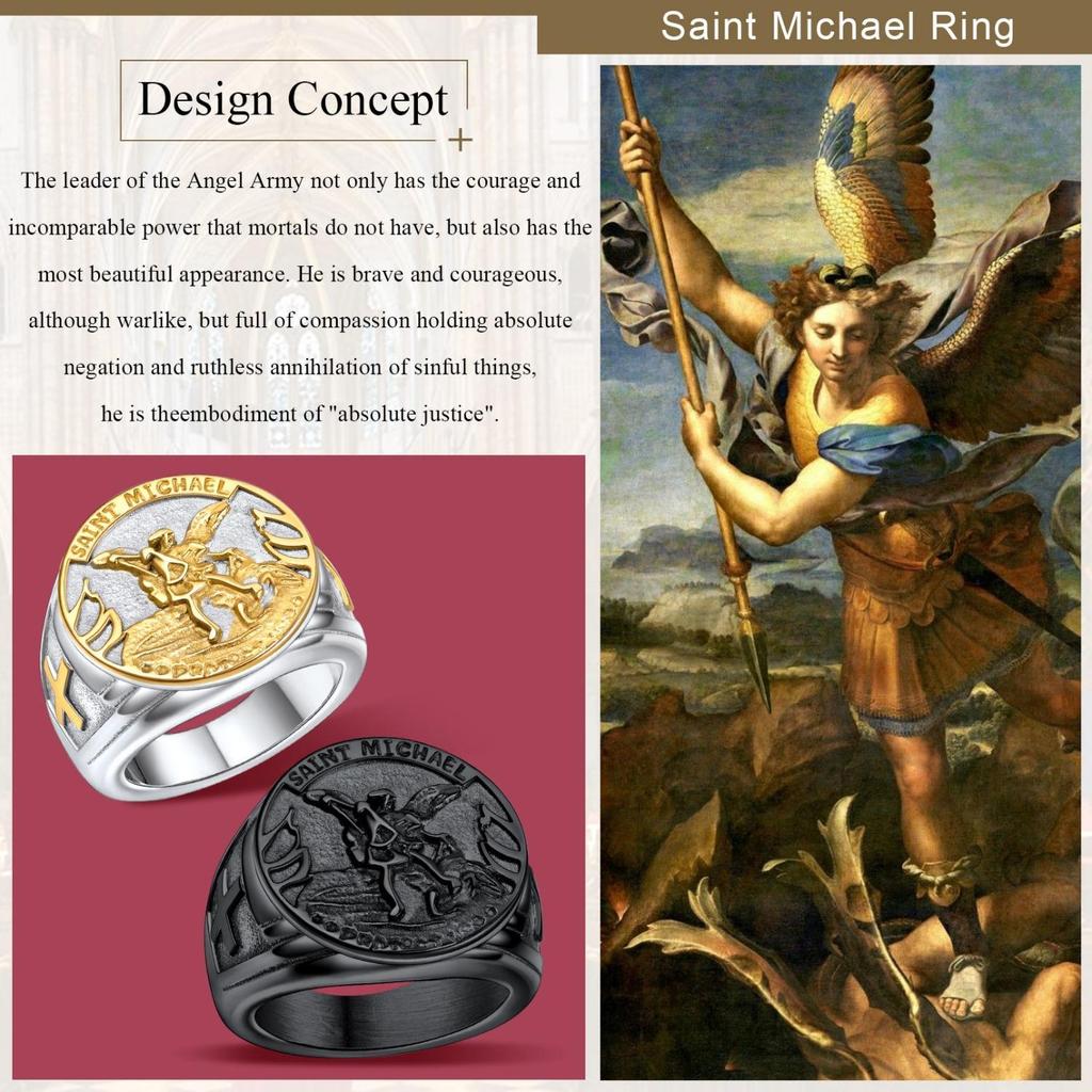 Runde Siegelringe für Männer Frau Katholisches Erzengel Erzengel Michael Amulett Schwarz & Gold Farbe Edelstahl Schmuck Geschenk Ring