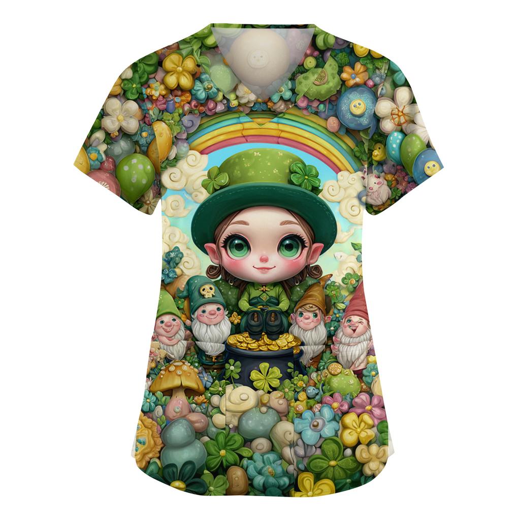 Women's Fashion V-Neck Short Sleeve Overalls With Pockets  Print Tops  Clothes