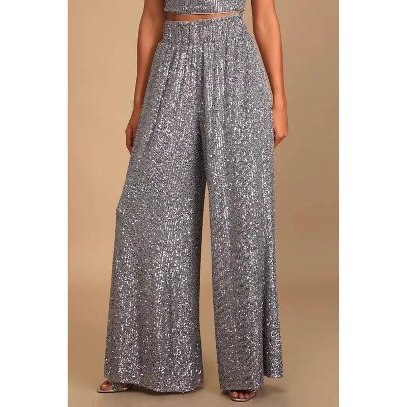 

Foreign Trade Order Lu Home Stage Party Beads Sequins Elastic Waist High Waist Comfortable Wide-leg Pants Shiny Sequins Trousers Women Silver (pants) M