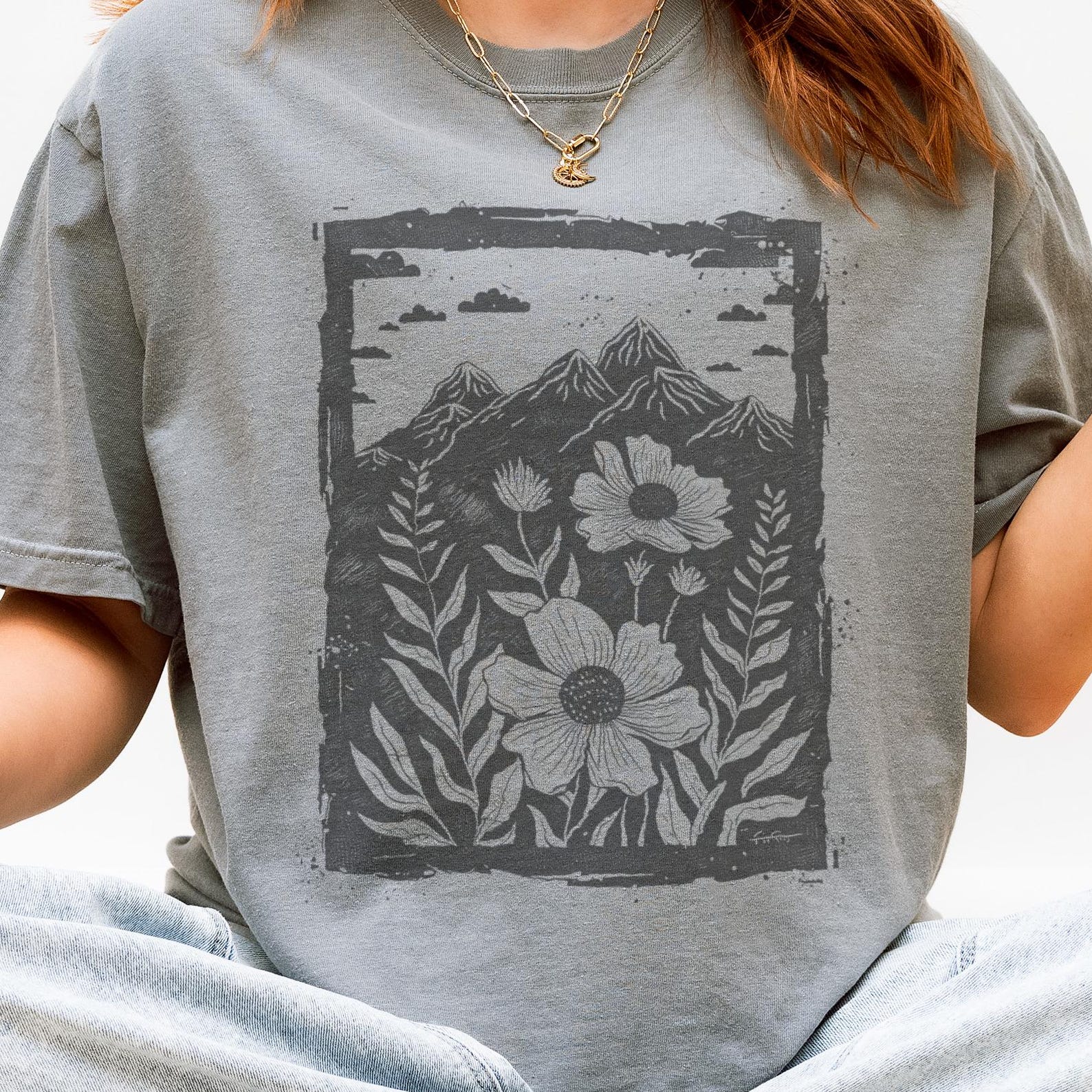 Mountain Wildflower Linocut T-Shirt, Nature Botanical Art Tee Nature Love Outdoor Gorpcore 100