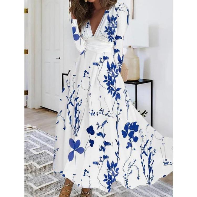 Loose V-neck Printed Women's Dress Bohemian Style Long Sleeve Large Size Autumn Clothing