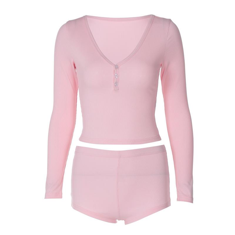 Europe and The United States Wind, Women's Clothing, Sexy Low-cut, V-neck, Tight, Long-sleeved Tops, Fashion Sports Wind, Super Short Pants, Two-piece