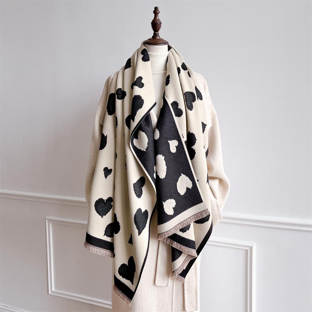 Heart Pattern Winter Women Scarf Premium Double-Sided Faux Cashmere Warm Scarves Luxury Wrap Shawls Blanket Pashmina Neckerchief