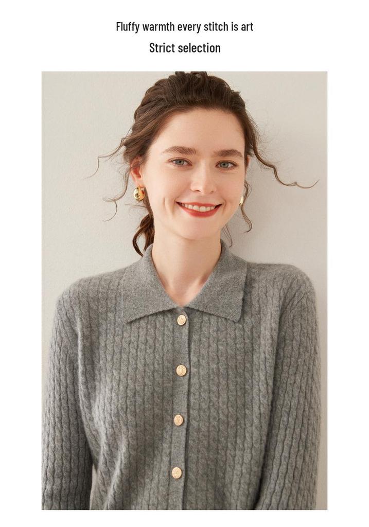 Women's Twist Pattern Polo Collar Wool Cardigan - Autumn/Winter Slim Fit Cashmere Knit Sweater
