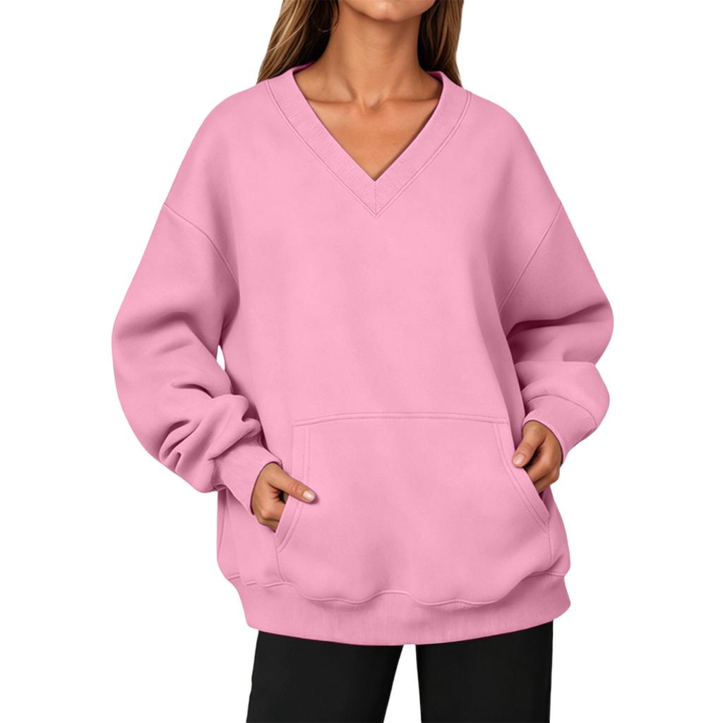 Women’s V Neck Long Pullover Sweatshirt with Pocket Loose Fit Casual Long Sleeve Top for Autumn and Winter