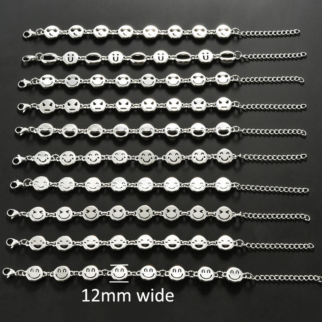 Cute Stainless Steel Funny Smile Face Bracelet Link Hand Chain for Women Men Emoji Charms Wrist Wristband Anklets Metal Jewelry