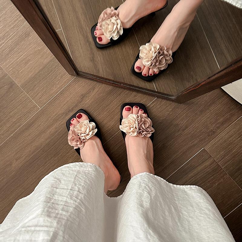 Korean Version of Flower High-heeled Slippers for Women 2025 Flowery French Low-heeled Stiletto One Pedal High-heeled Cool Slippers for Women