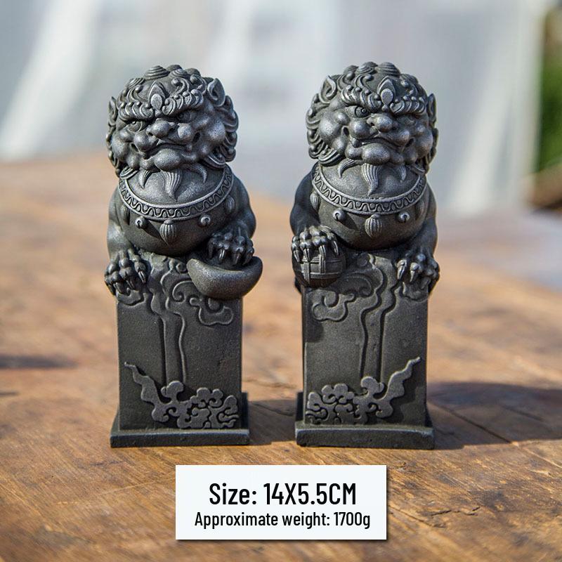 Chinese Cast Iron Stone Lion Desktop Ornament: Cultural Craft for Wealth and Protection.