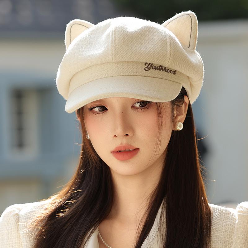 Retro Octagonal Hat with Big Head and Face In Autumn and Winter Small Beret Versatile Cat Ears and Baseball Cap