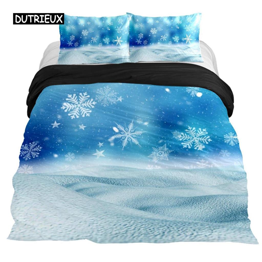 Snowflake Duvet Cover Set Winter Theme Christmas Illustration Cold Weather Season Twin Bedding Set King Size Soft Quilt Cover