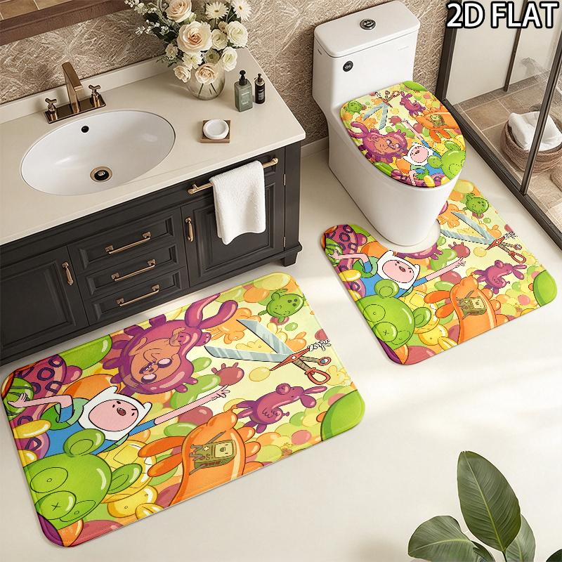 3pcs Adventure Time Pattern Flannel Nonslip Absorbent Washable Decorative Bathroom Home Toilet Seat Cover Mat