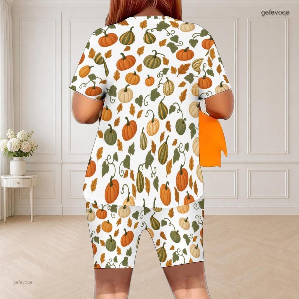 Women Plus Size Round Neck Short Sleeve Printed Top Fitted Shorts Two Piece Set