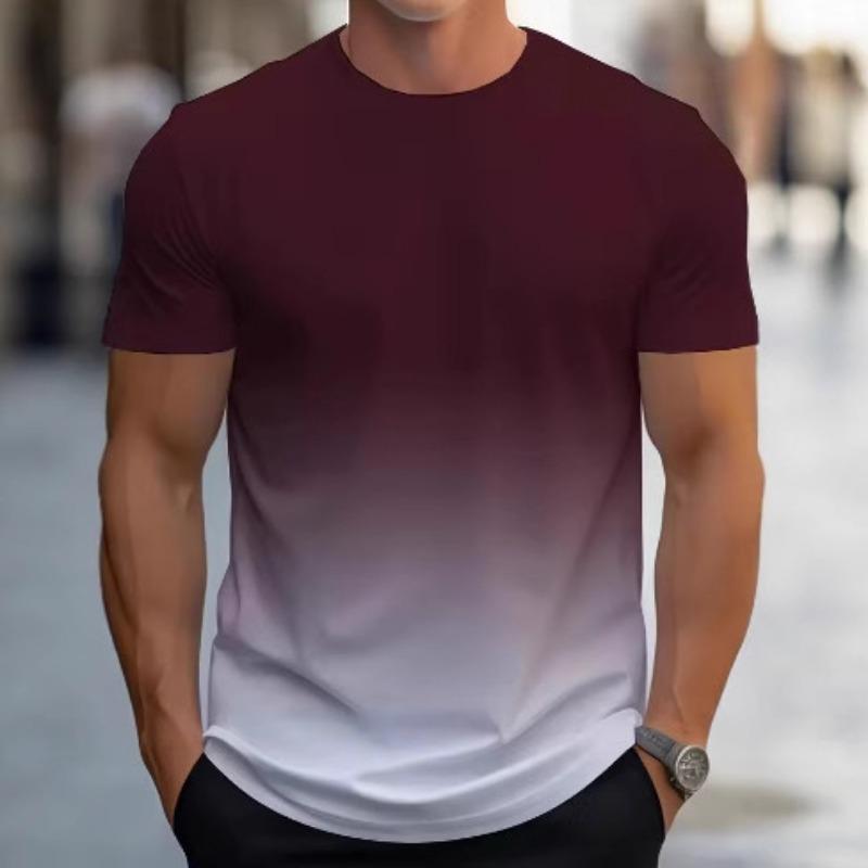 Men Gradient Color Short Sleeve T Shirt Crew Neck Casual Ombre Blue White Top