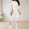Women Plus Size Round Neck Long Sleeve Leaf Printed Top And Fitted Pants Two Piece Set