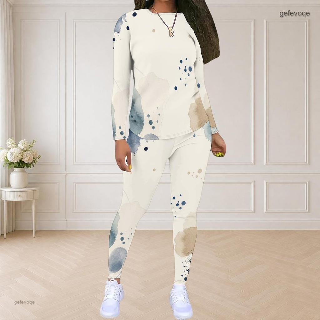 Women Plus Size Round Neck Long Sleeve Leaf Printed Top And Fitted Pants Two Piece Set