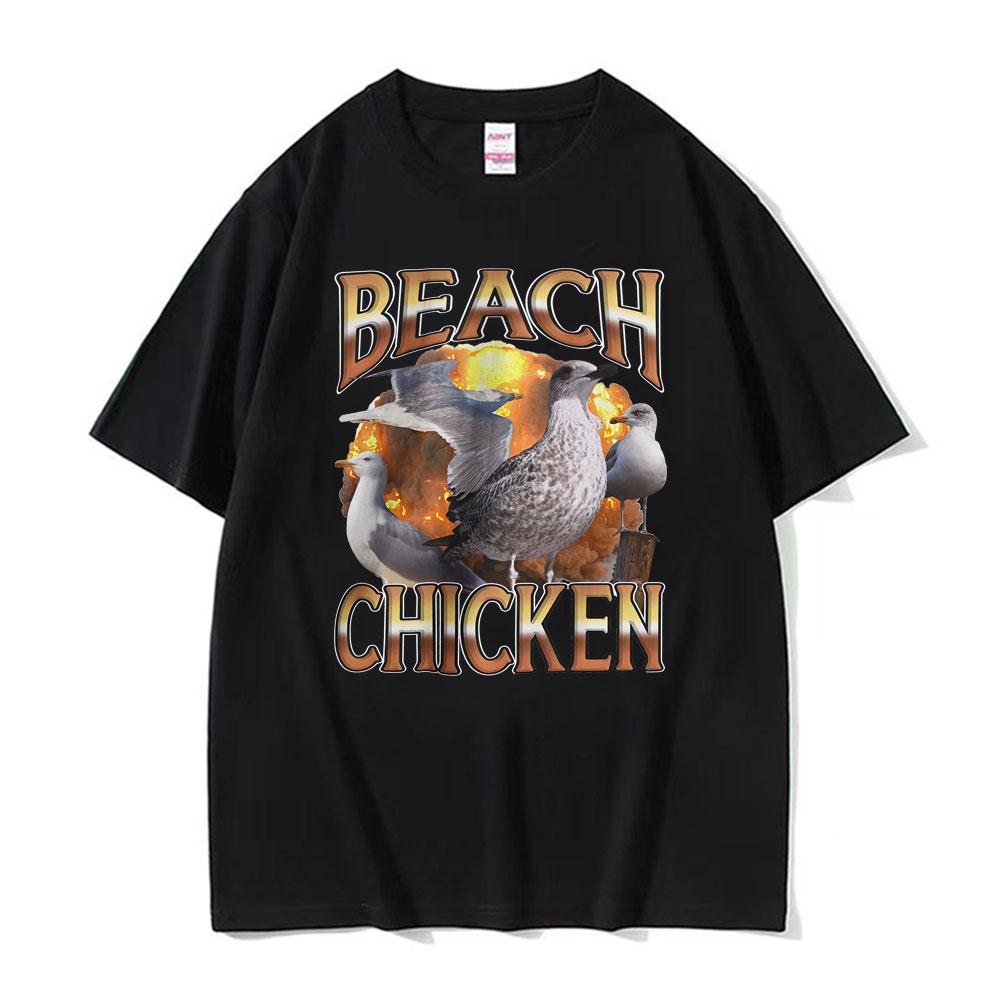 Funny Beach Chicken Seagull Humor Style T-shirt Fashion Trend Meme Graphic Tee Shirt Men Women Cotton O-Neck T Shirt