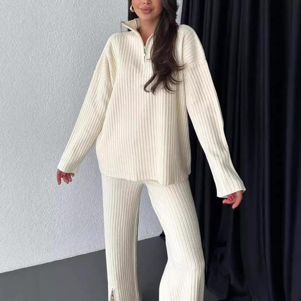 Spring 2025 Women's Solid Color Zippered Knit Set: High Neck Ribbed Loungewear Two-Piece
