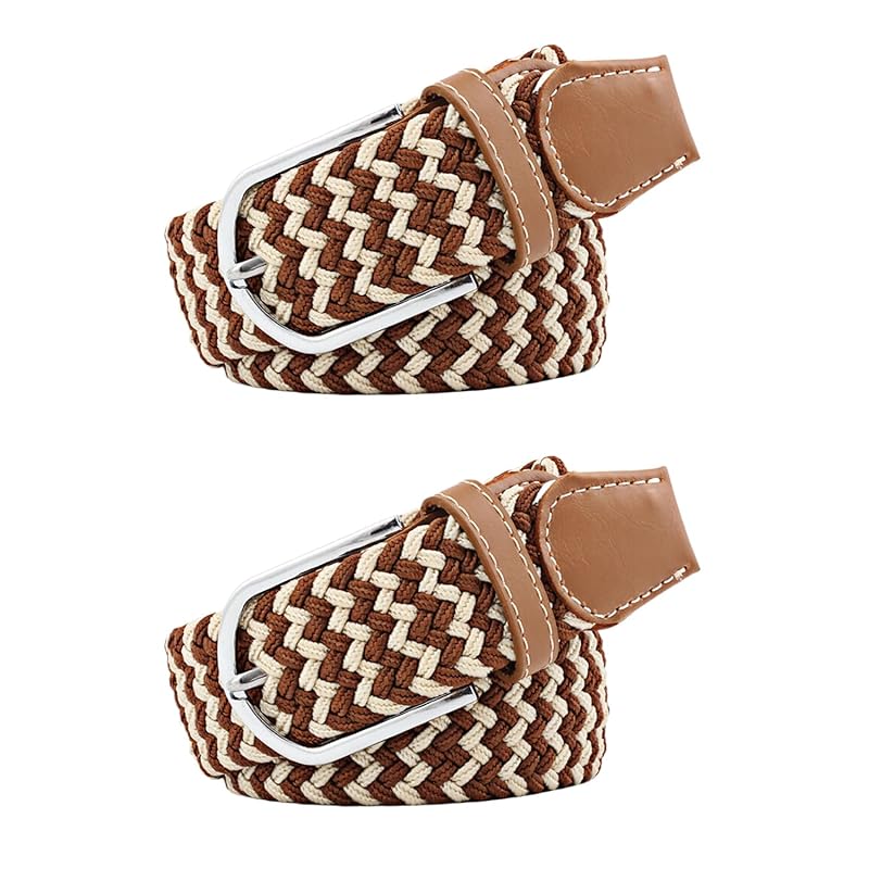 

[RAKUKOU] belt men s mesh belt Set of 2 Free size adjustment braid ladies elastic belt extend casual business gentleman (beige brown, 105CM)