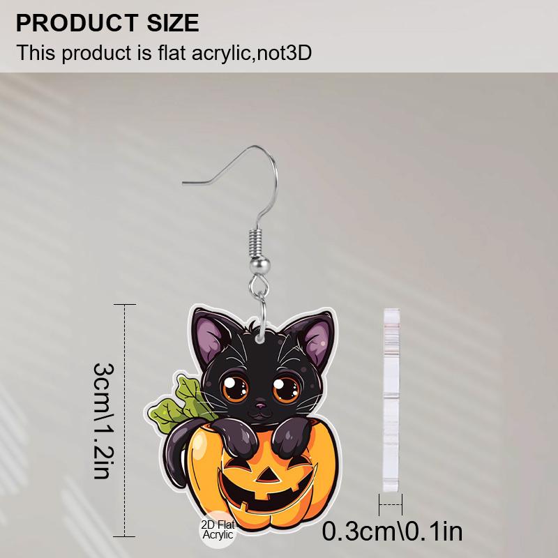2D Flat Halloween Black Cat Pumpkin Dangle Earrings, Lightweight Acrylic Material, Ideal for Party Gifts, Jewelry, and Halloween Gifts.