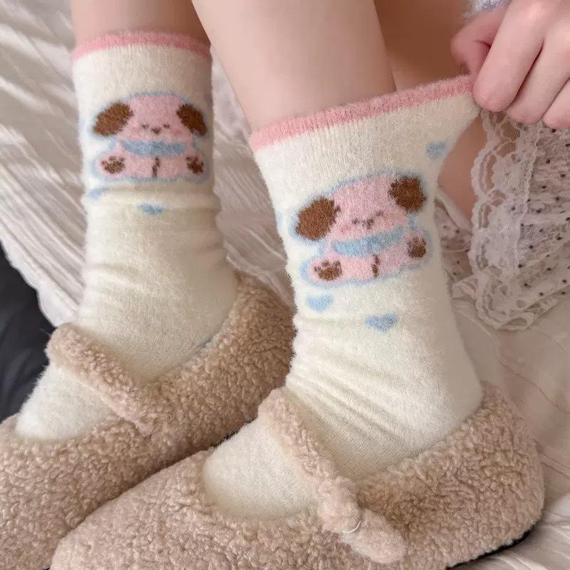 Female Autumn and Winter Thickened Warm Lovely Pink Moon Floor Sleep Tube Cotton Socks
