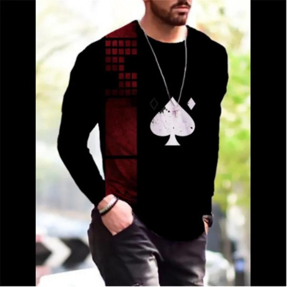 Camiseta masculina retrô com gola redonda e manga comprida, estampa colorida em bloco 3D, primavera, outono, solta, casual, roupa masculina