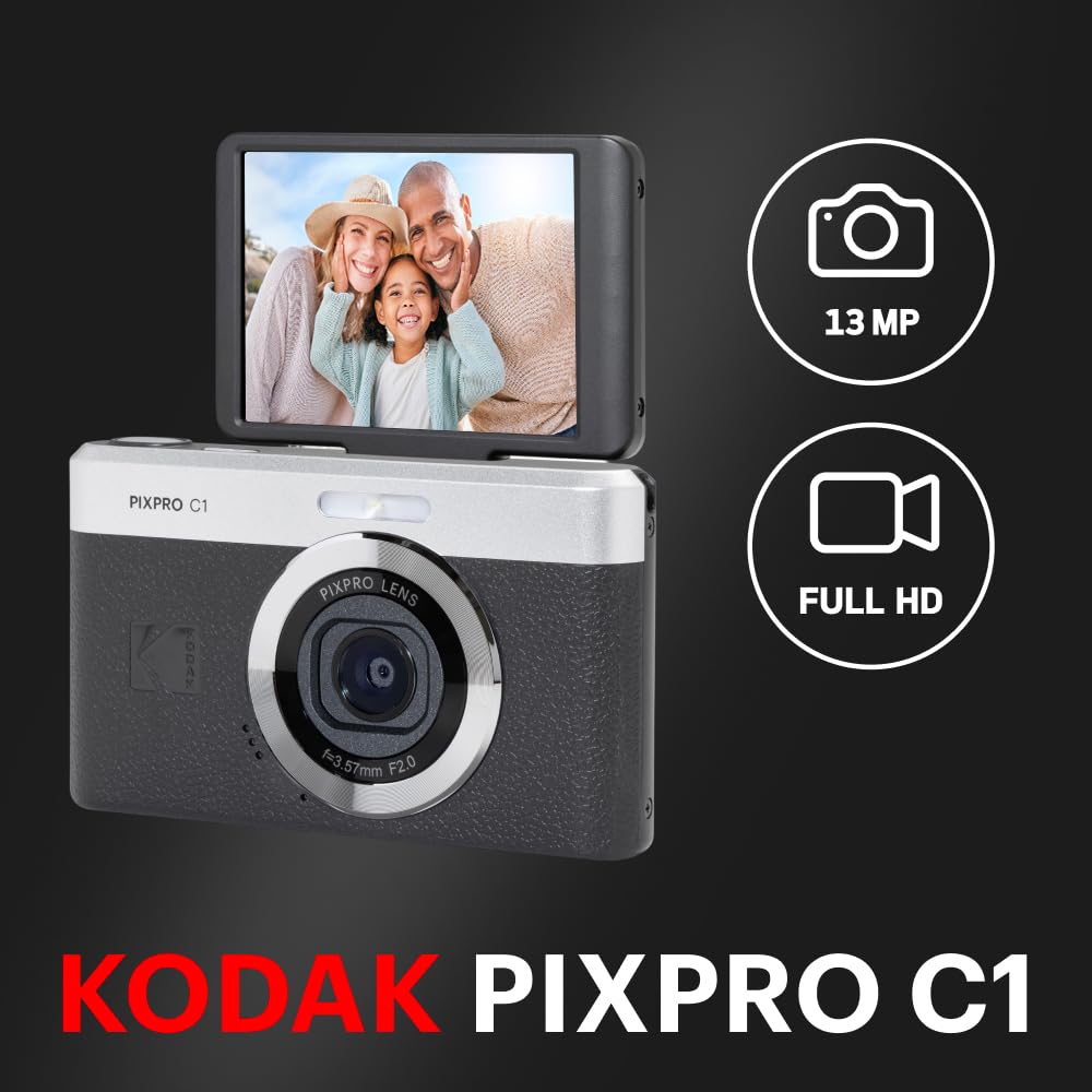 KODAK Pixpro C1 Digital Camera 13MP BSI 4x LCD LED Flash Black – Ultra-Compact CMOS, Zoom, 2.8-inch Screen, Built-in –