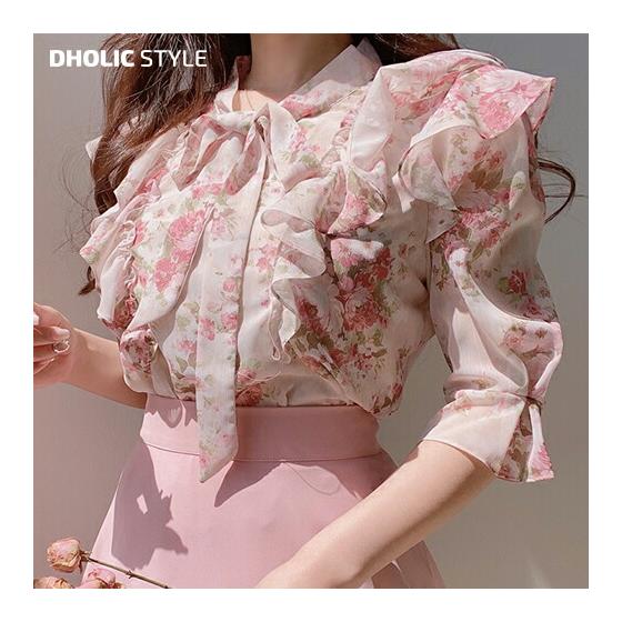 Ribbon Floral Chiffon Blouse P515344 Women s [BL] Korean Fashion Tops Blouse Ribbon Floral Flower Pattern Chiffon Flare 3/4 Length Adult Girly