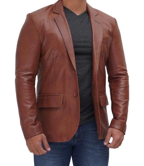 Business Party Brown Lambskin Handmade Formal Stylish 100% Leather Men Blazer