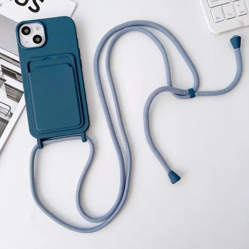 Étui de téléphone avec lanière Cordon pour IPhone 16 15 14 Plus 13 12 11 Pro Max XS XR Pochette pour cartes en silicone Housse anti-chute IPhone 16