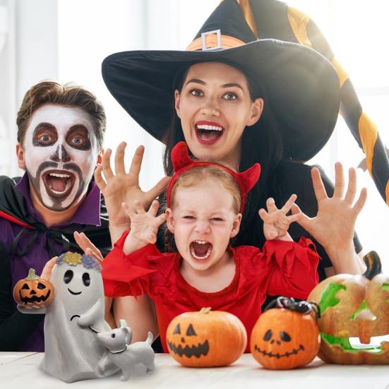 Ghost Walking Dog Halloween Decor Spooky Ghost Dog Figurine Resin Cute Ghost Statue with Pumpkin for Halloween Home Bookshelf Tabletop Decor