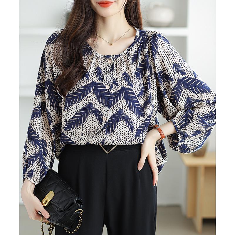 Fashion Elegant Casual Loose Chiffon Shirts Women Long Sleeve Tops Plus Size Women's Blouses Round Neck Slim Vintage Print Shirt Woman Clothing 26340