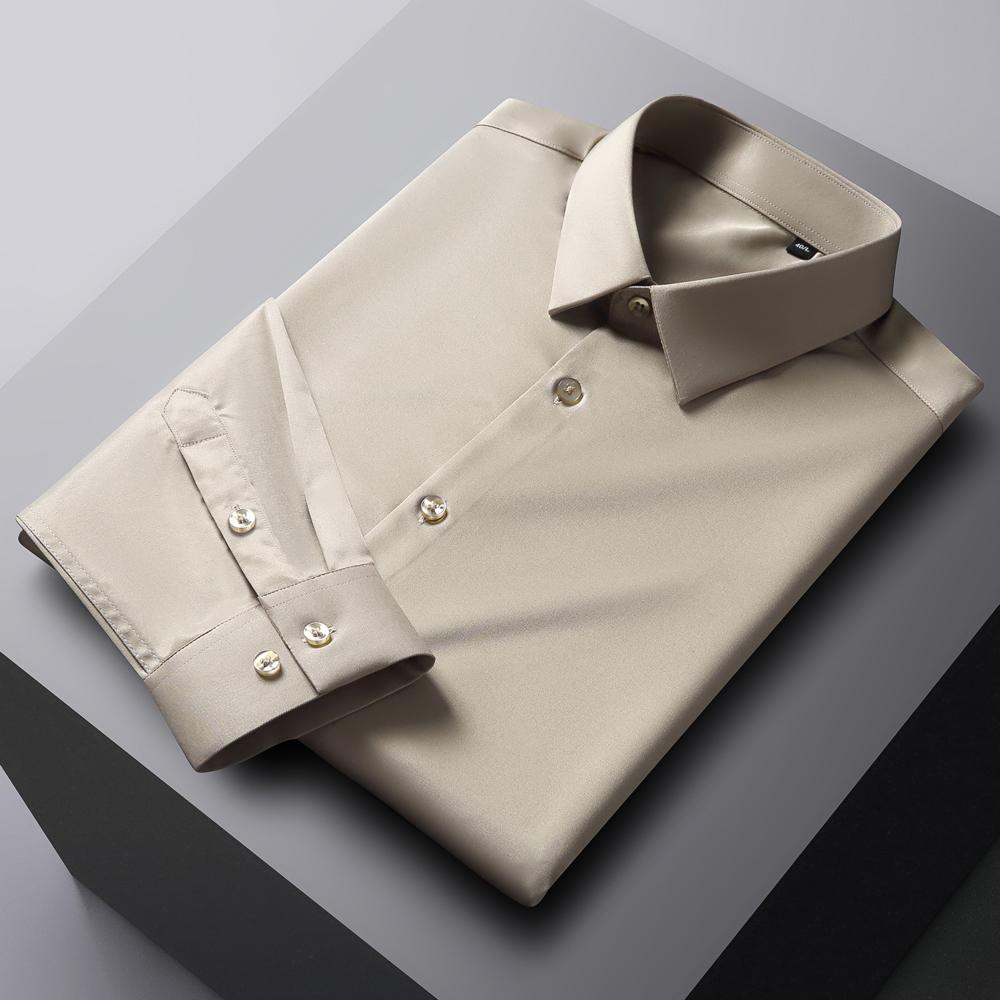 Cămașă de rochie pentru bărbați, cu mânecă lungă, de culoare uni, fără călcare, elastică, mătăsoasă, prietenoasă cu pielea, ușor de întreținut, formală, îmbrăcăminte pentru bărbați, cămașă cu nasturi