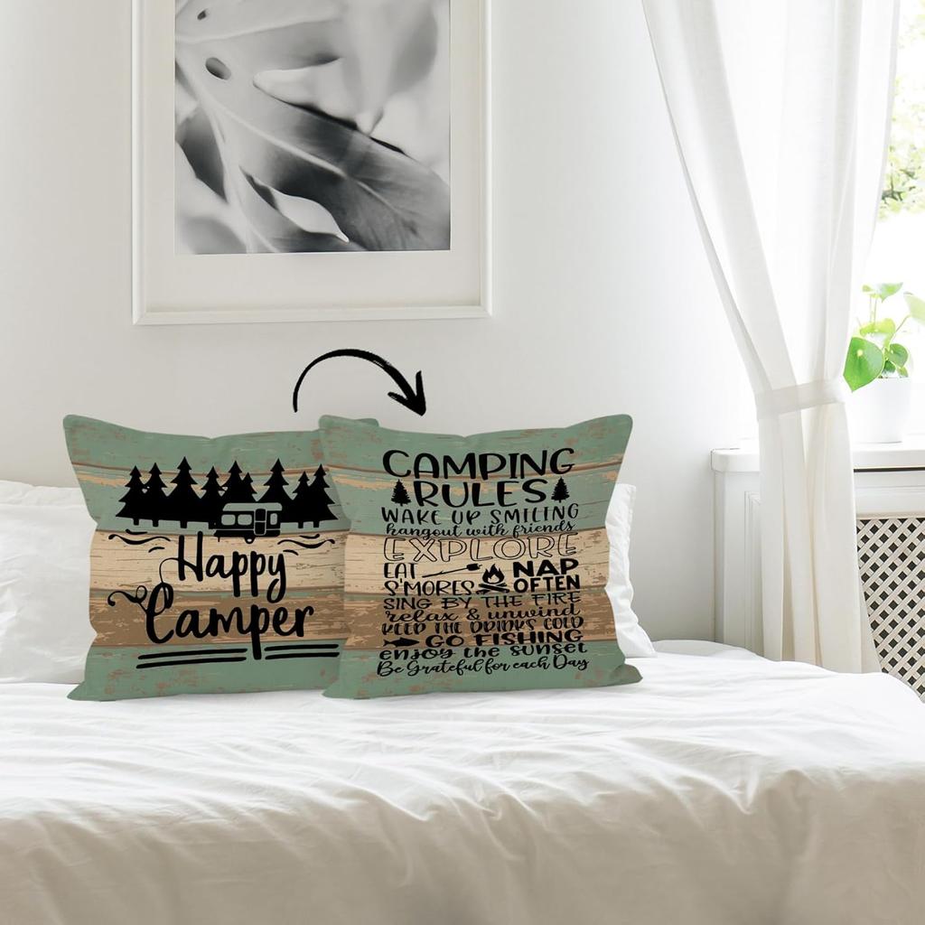 Rustic Happy Camper Wood Board Reversible Throw Pillow Cover, Camping Camper Gifts for Women Men, Camping Rules Pillow Case 18 x 18 Inch Home RV