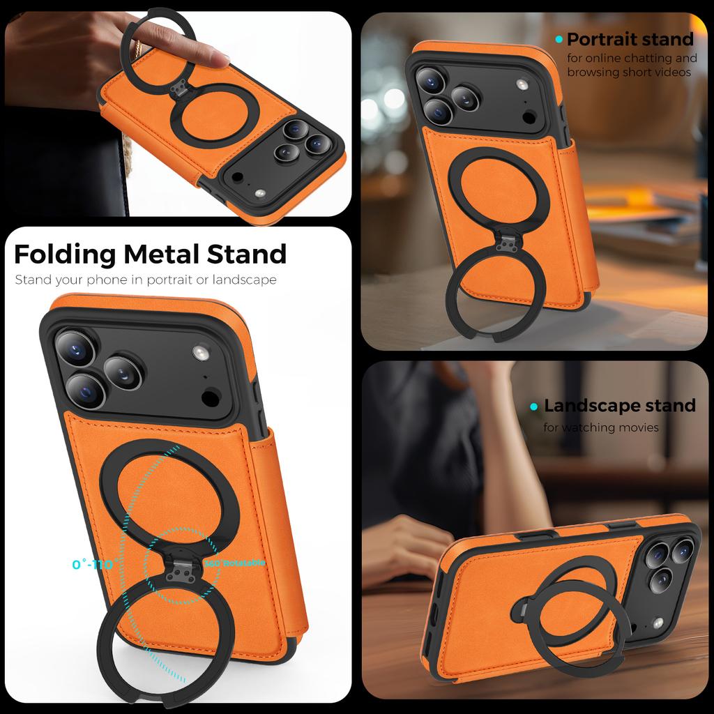 360 Rotating Ring Holder Magnetic Leather Phone Case For iPhone 17 Pro Max 16 Plus 15 14 13 12 11 Shockproof For Magsafe Cover