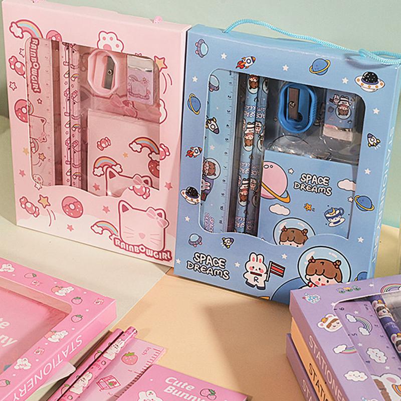 5/6Pcs Cartoon Stationery Set With Pencil Ruler Eraser Sharpener Notebook For Kids Students Back To School Daily Study Gifts